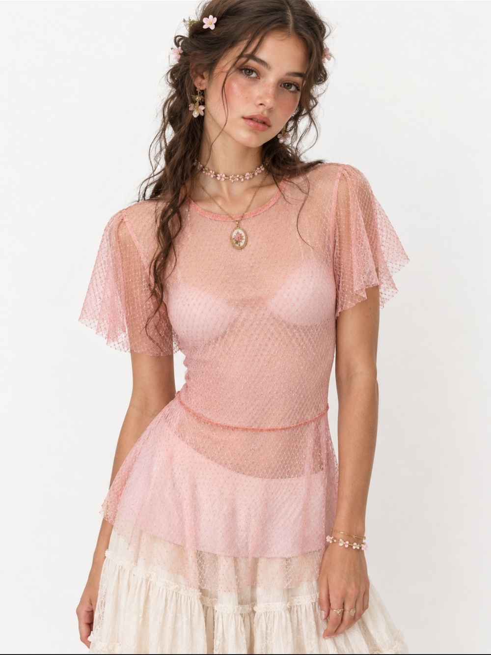 Top Shop Sheer Pink Mesh Peplum Top Size 2